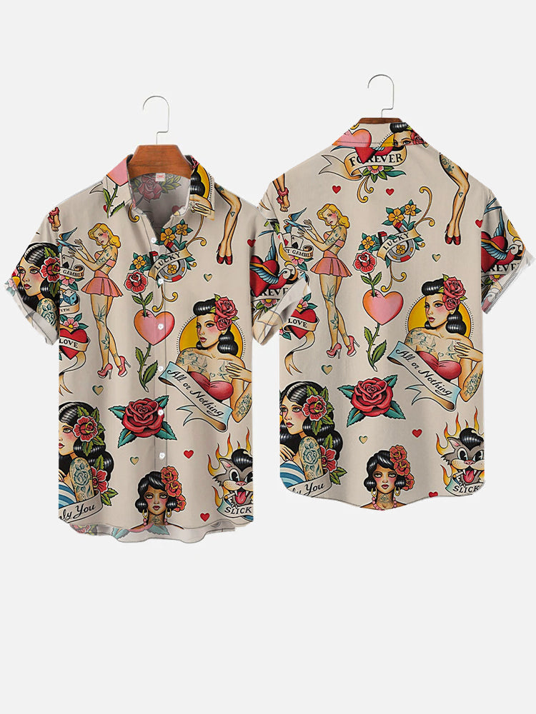 Mermaid retro printed shirts Men's European and American pattern Summer casual short sleeved shirt Hawaiian button