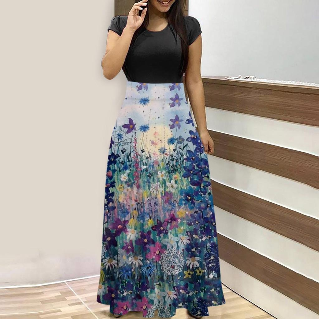 Women's Fashion Casual Flower Vintage Print Crewneck Short Sleeve Floor-length Dress