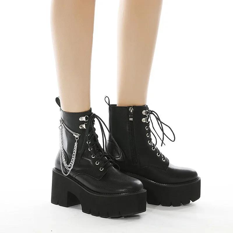 Fashion 2024 Gothic Black Ankle Boots For Women Plus High Heel Female Shoes Lace-Up Nigh Club Black Sexy Rivets Chain Short Boots
