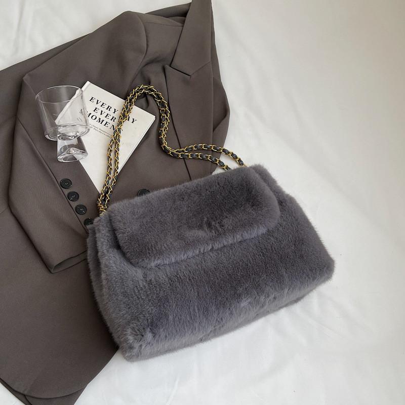 Chic Olive Green Plush Shoulder Bag With Chain Strap Magnetic Closure Faux Fur Crossbody Handbag For Women