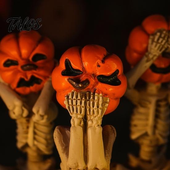 Spooky Desktop Ornament 3 Pcs Halloween Skeleton Statue, Hear See Speak No Evil Pumpkin Head Skull Figurine Figurine, Resin for Mantel, Table, Tiered