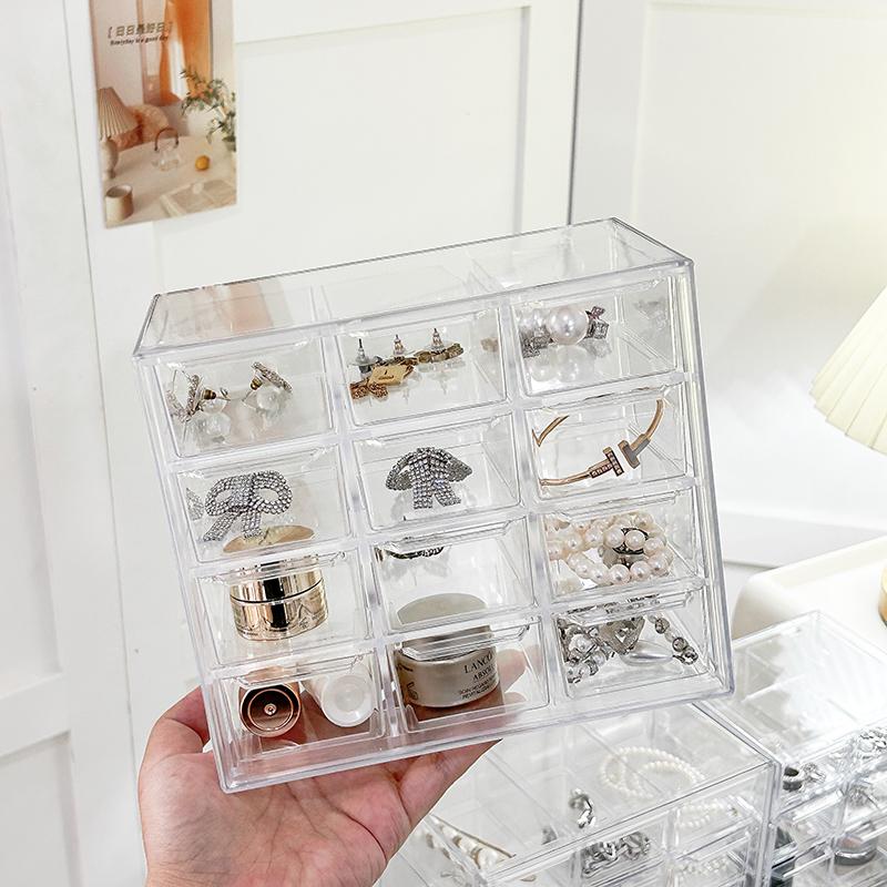 Transparent Jewelry Storage Box Organizer Table Drawer-Type Stackable Organizing Box 9 Grid Acrylic Display Jewelry Storage Rack