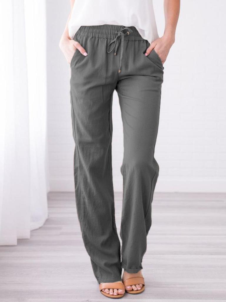 Summer Women's Clothing Solid Color Cotton Linen Drawstring Loose Casual Wide Leg Pants