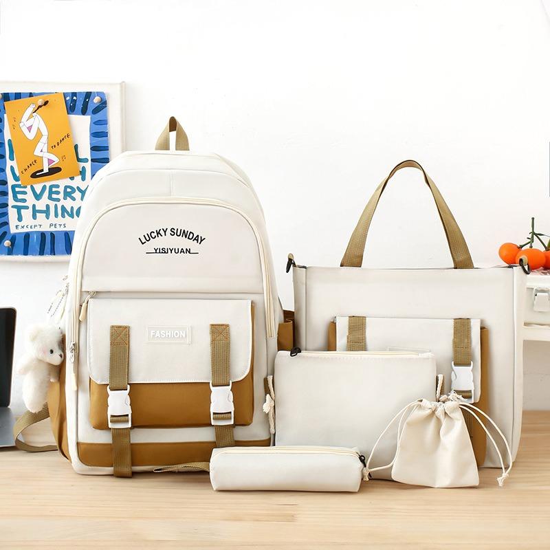 5-piece Canvas Backpack Set Large Capacity Stylish School Bag Including Backpack, Tote Bag, Pencil Case, Accessory Bag and Square Shoulder Bag