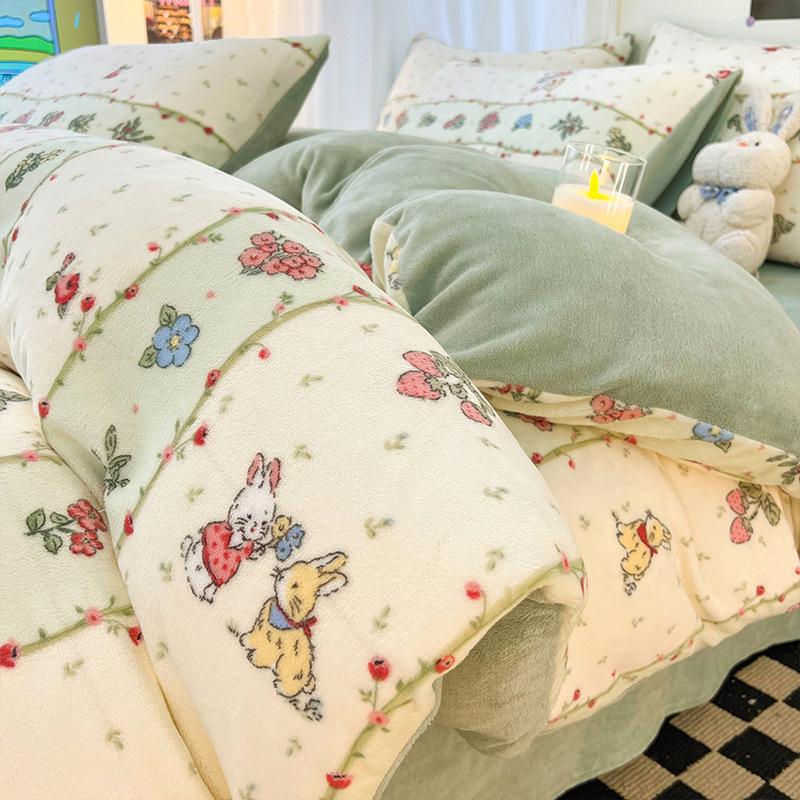 Thickened Milk Fleece Four-Piece Set Double-Sided Fleece Coral Fleece Quilt Cover Sheet Three-Piece Set