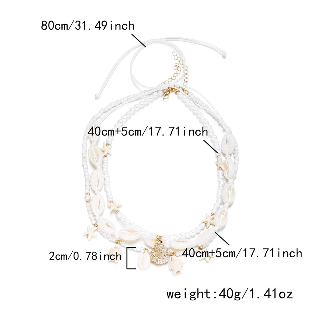Vacation-style shell and starfish beaded multi-layered necklace, collarbone chain, beach vibe niche accessory