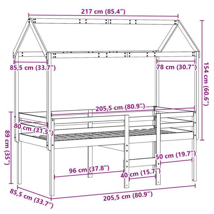 VidaXL Lit haut avec toit 80x200 cm bois de pin massif, lit, cadre de lit, lit mezzanine, meuble de chambre à coucher, 3282135