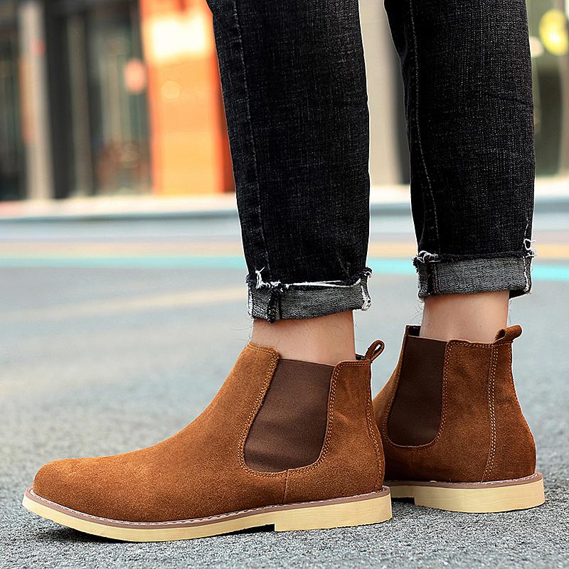 Fashion Men's Chelsea Boots Anti Slip Snow Boots Faux Suede Slip-On Round Toe Platform Warm Short Boots Size 38-47
