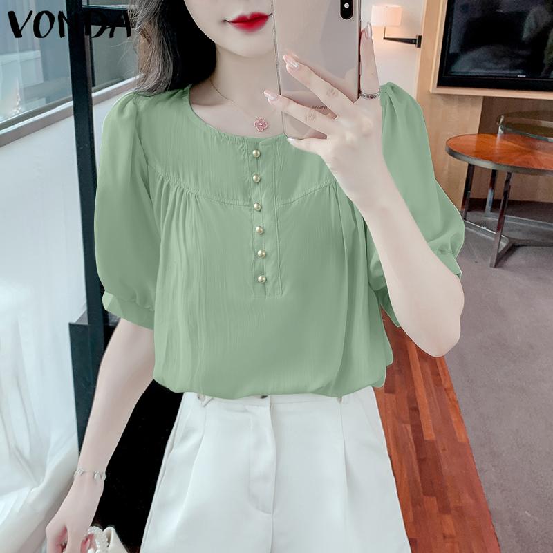 

VONDA женская летняя однотонная свободная блузка с круглым вырезом на пуговицах и короткими рукавами