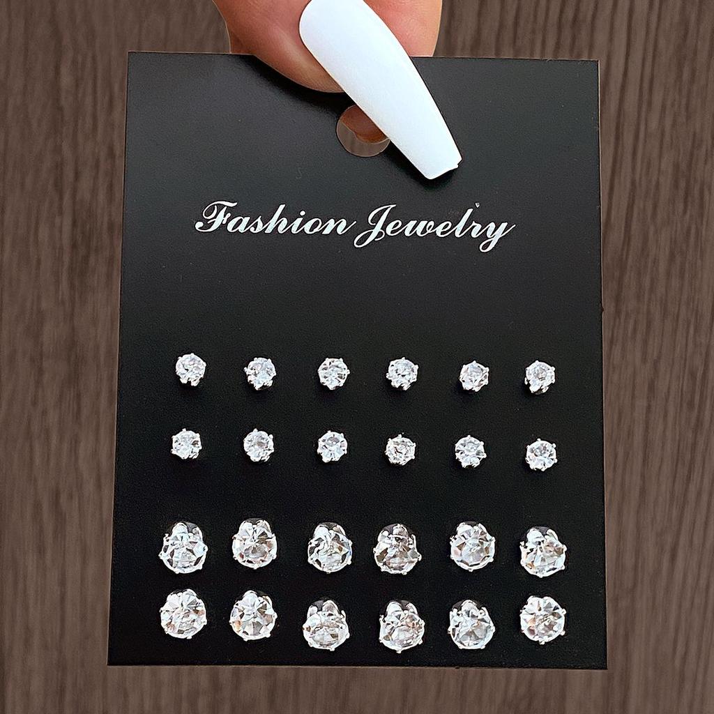 Retro Heart-Shaped Zirconia Crystal Stud Earrings Set - 12 Pairs