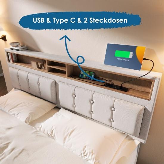 Teen Bed Double with 4 Drawers & Usb C Socket, Upholstered Person 160x200cm, Height Adjustable Headboard, Slatted Frame Made of Wood (without