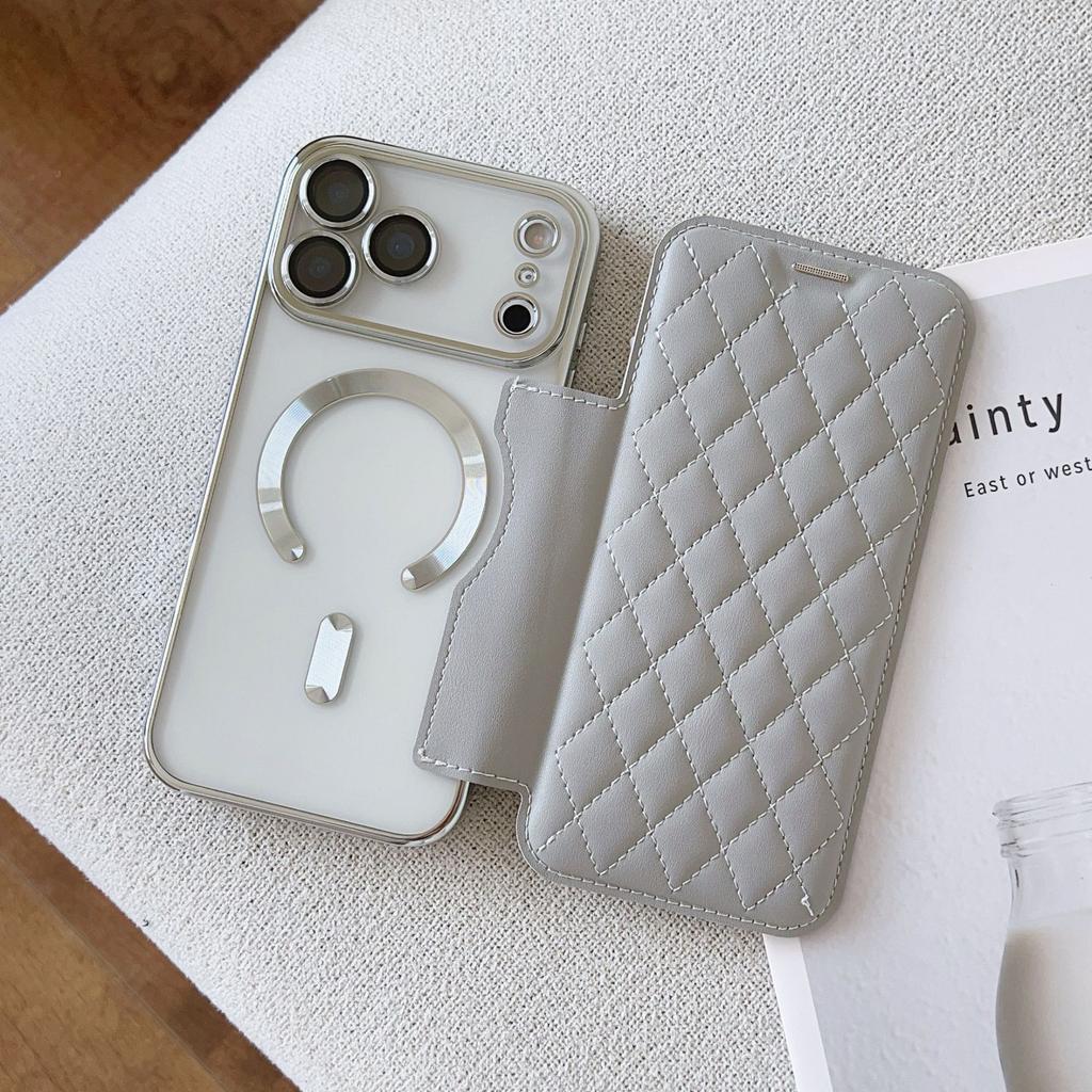 Applicable To iPhone17 Magnetic Mobile Phone Case Rhombus Flip Card Leather Case 17pro Electroplating 17 Anti-drop Protective Case