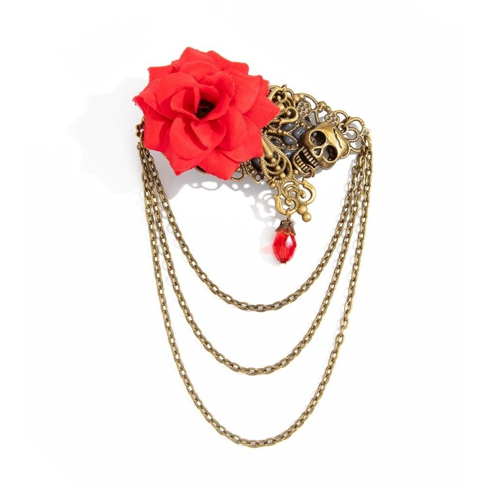 Multi Layer Chain Skull Brooch Antique Metal Lapel Pin Velvet Rose Brooch For Cosplay Costume
