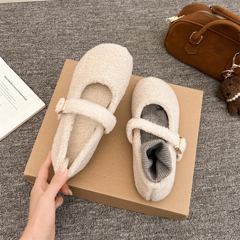 2025 autumn and winter new Mary Jane Mao Mao shoes women's outer wear Korean version of one-word buckle single shoes flat-bottomed velvet thermal cot