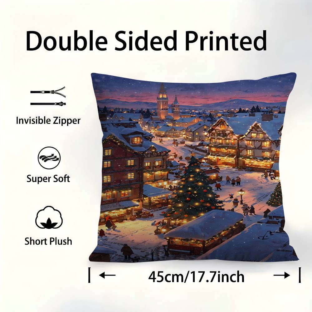 Winter Holiday Town 45*45cm Cushion Cover Pillow Cover Decor Pillowcase Home Pillowcase For Couch Pillow