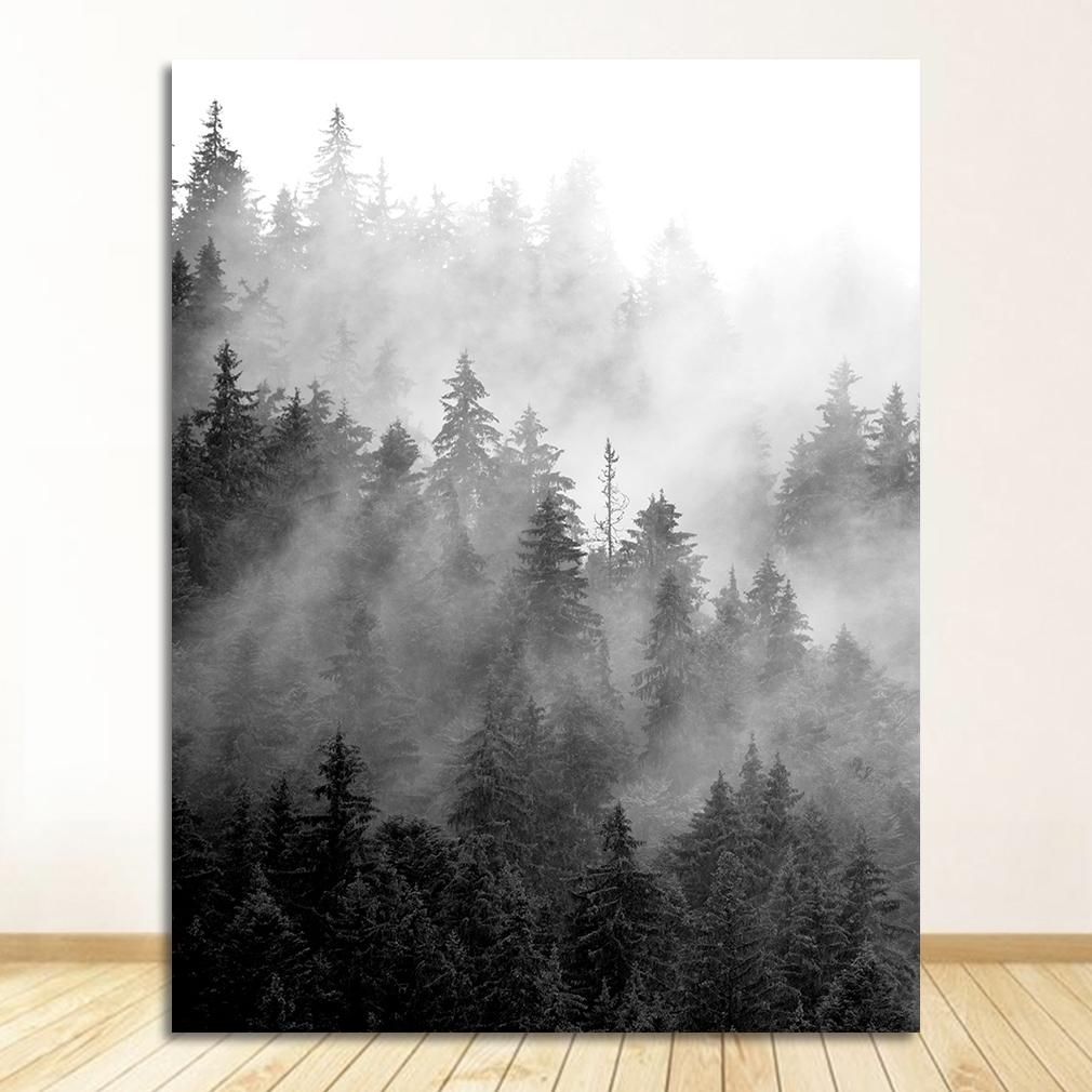 Schwarz-Weiß Baum Poster Nebelwald Landschaft Leinwandbild Wandbild Wohnzimmer Dekor Natur Drucke Kunst