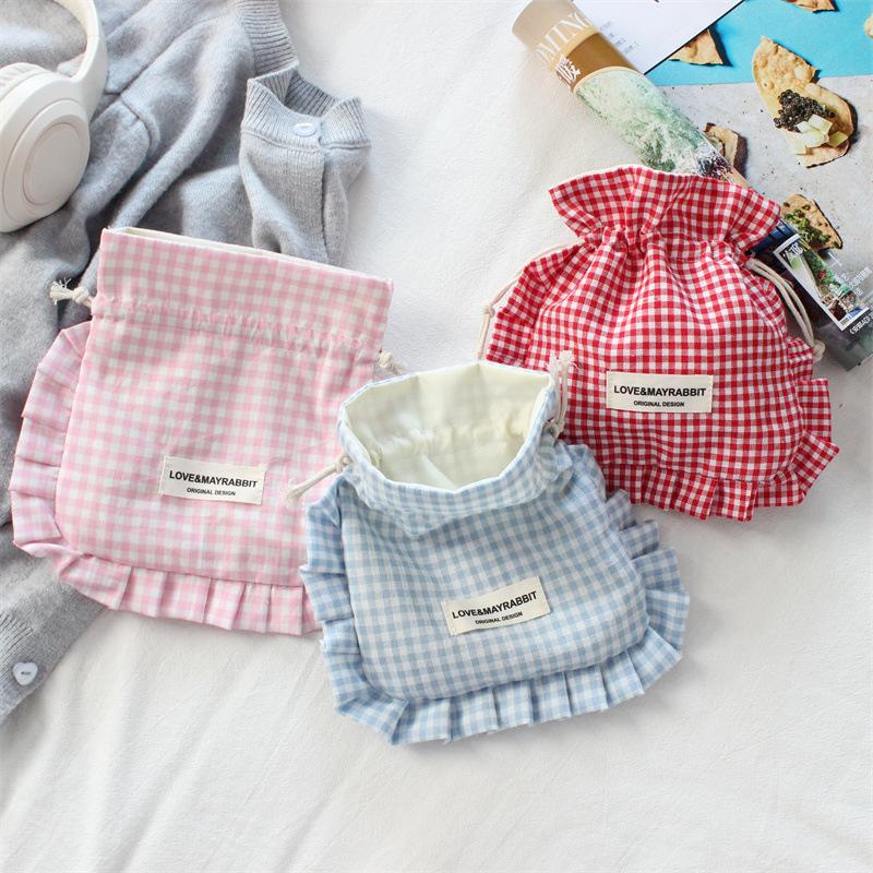Korean Cute Ruffle Edge Drawstring Bag Retro Plaid Drawstring Bags Large Capacity Travel Organizer Bags Jewelry Dust Bag