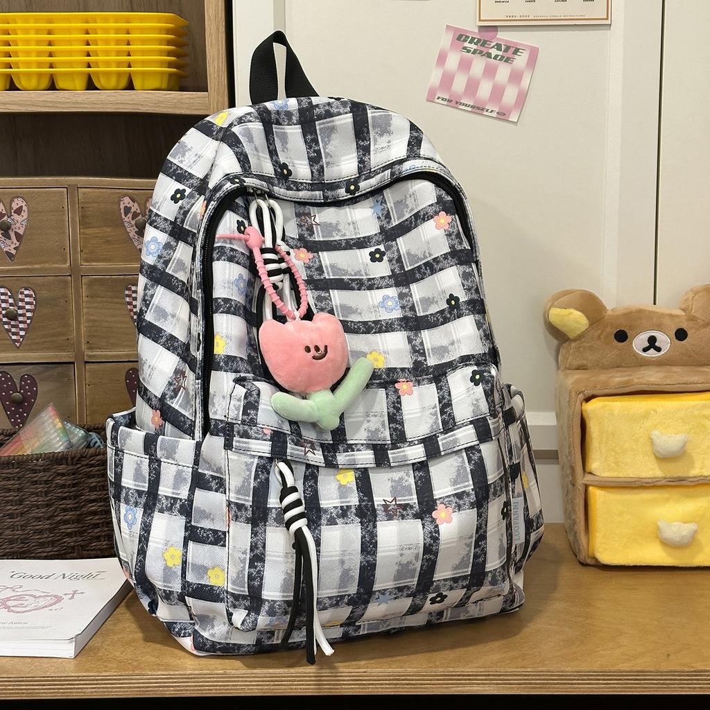 Schoolbag Campus Style Plaid Sweet Backpack Female Large Capacity Foreign Style Small Flower Korean Student School Bag Fresh Versatile Backpack