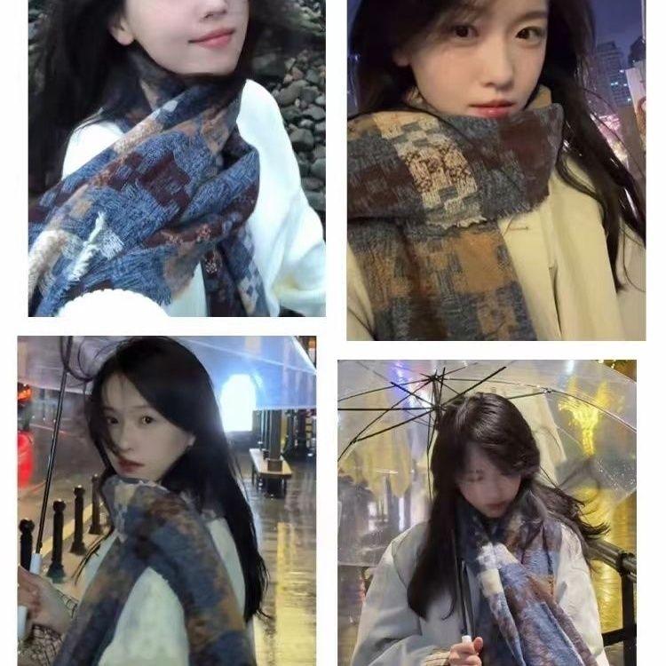 New scarf women's autumn and winter atmosphere plaid fringed warm scarf men's couple thickened long scarf Korean version versatile