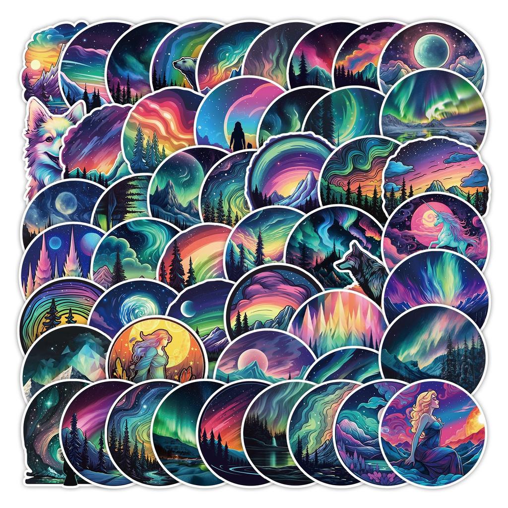 50 Pieces of Northern Lights Graffiti Stickers, Schoolbag, Water Cup, Computer Decoration Stickers, Waterproof Creative Notebook Hand Note Stickers
