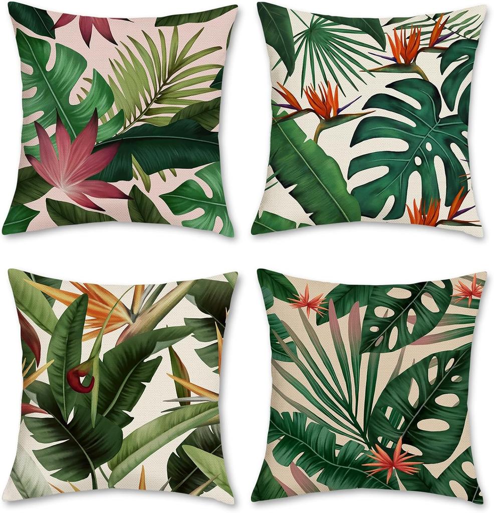 4Pcs Tropical Leaf Cushion Covers, Vibrant Green Monstera & Palm Print Pillow Cases For Sofa Bedroom Living Room 45X45Cm