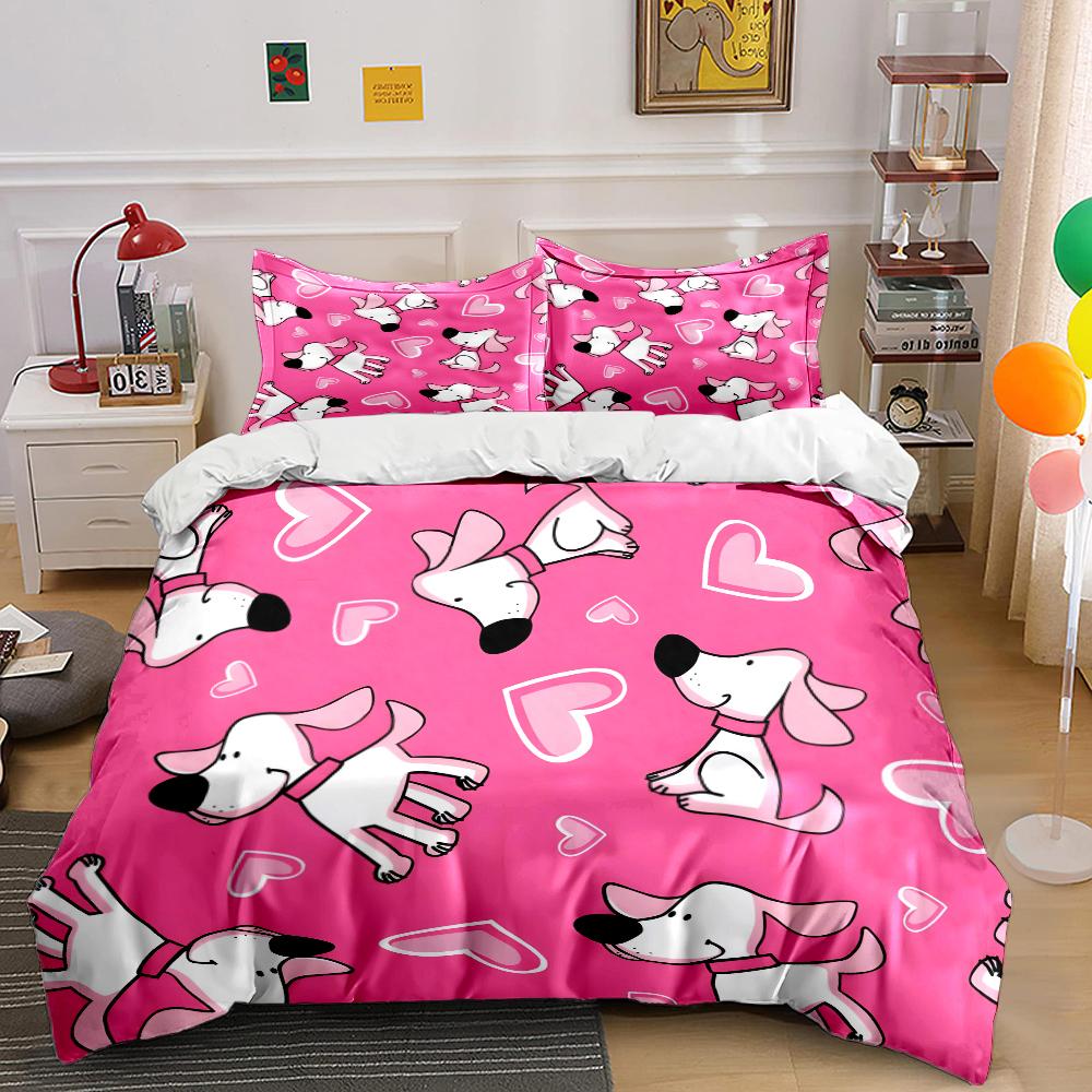 

Pink cartoon dogs and hearts background Print Bedding Set 1 Duvet Cover 2 Pillowcases for Adult Children Luxury Gift Full Size 135x200cm