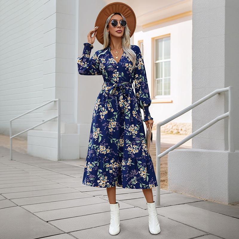 New Women's Fall 2025 Long Sleeve Flower Print Dress