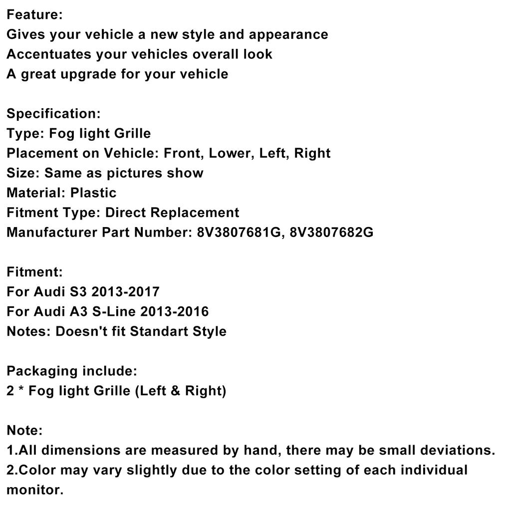 Front Lower Bumper Fog Light Cover Grill Fit A3 S3 S-Line 2013-2016