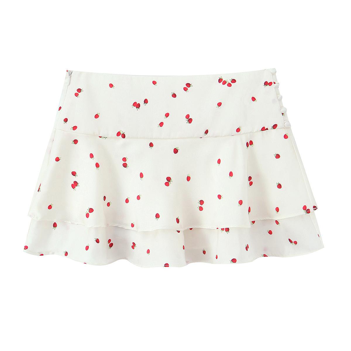 European and American women s clothing INS popular strawberry printing laminated silk satin texture top + mini skirt XS