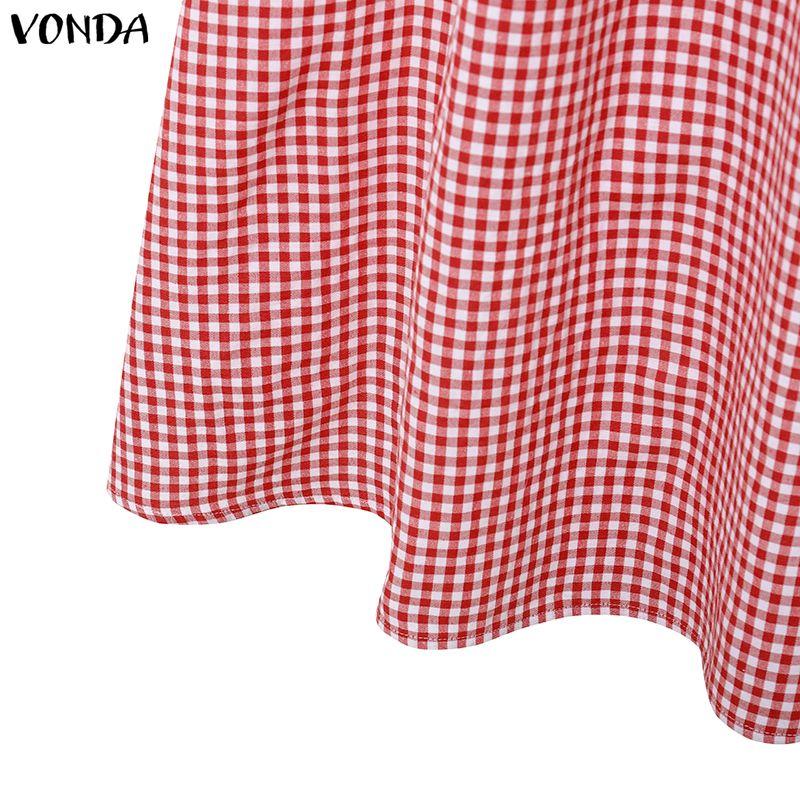 VONDA Summer Women Sleeveless Strap Plaid Print Casual Long Dress Sundress