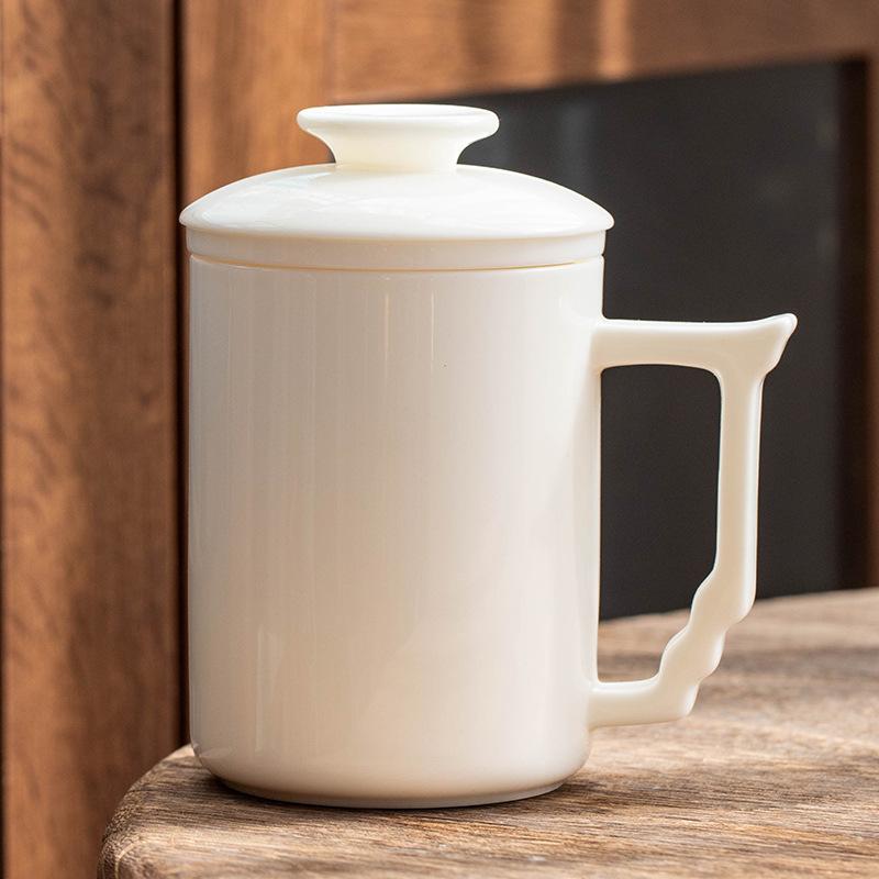 Suet jade tea cup tea separation ceramic office cup with lid filter tea personal special water cup gift box LOGO 301-400ml