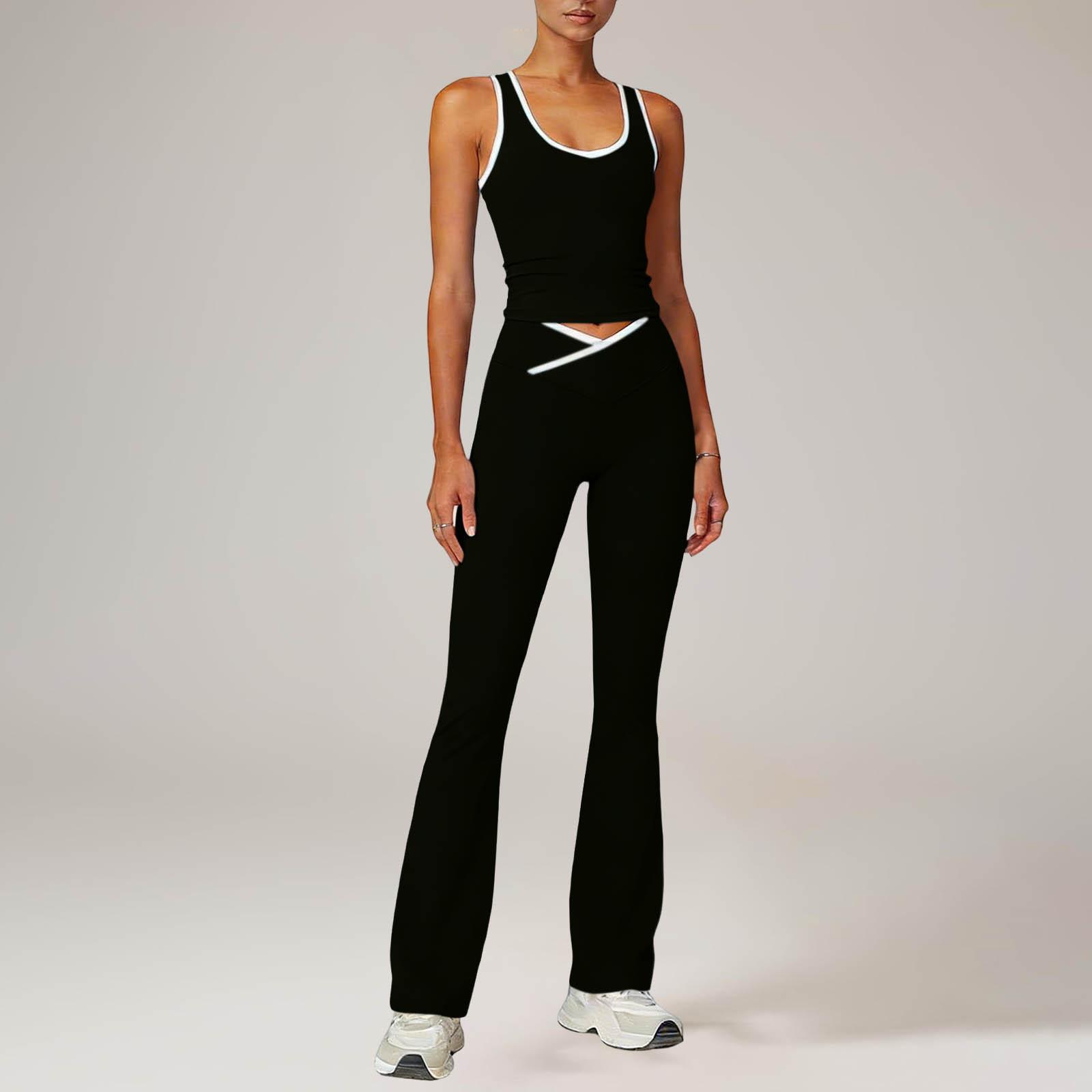 Women s Stretch High-Waisted Yoga And Casual Flared Pants + Tank Top Set L чёрный