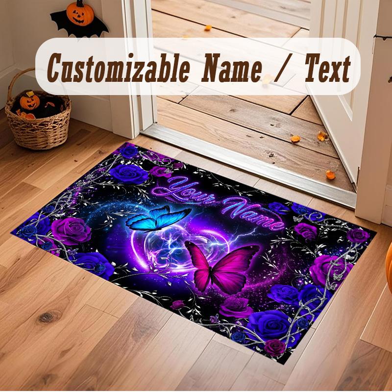 Butterfly Theme Soft Crystal Velvet Rug Custom Name & Text Print Non Slip Floor Rug for Bedroom Living Room