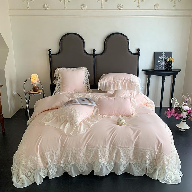 French Style Bedding Set Princess Duvet Cover Set Cotton  Chiffon Lace Ruffle Comforter Sets Luxury Girls Wedding