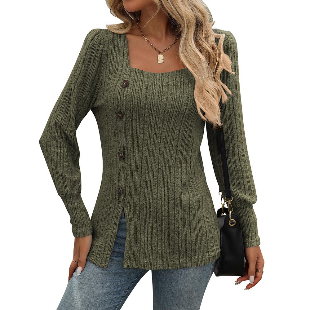 HNXC Women's Fashion Casual Autumn Winter Solid Color Print Long Sleeve Square Collar Blouses & Shirts