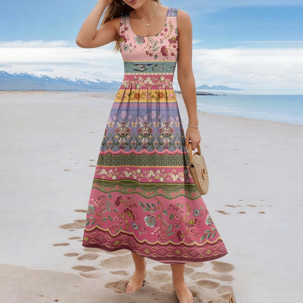 Ladies' floral summer casual and fashionable sleeveless long dress