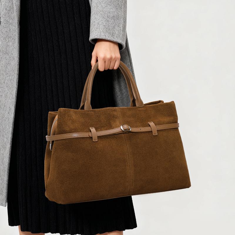 Borsa a Mano AIDRANI Originale in Pelle a Due Strati per Donna – Borsa Tote Classica in Pelle Scamosciata Marrone con Manico Superiore, Borsa alla Moda Elegante e Resistente