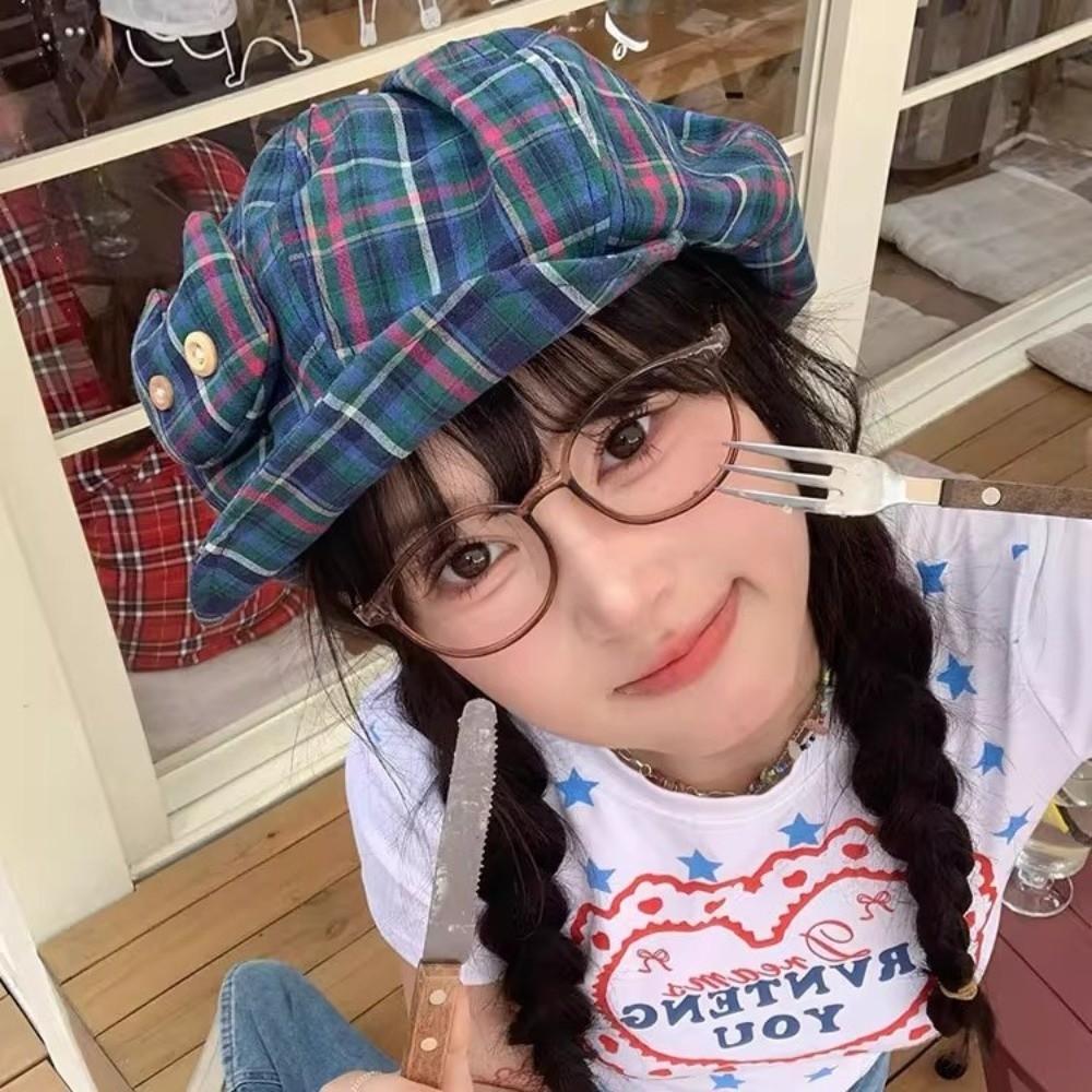 Korean Style Plaid Cloud Berets Sun Protection Octagonal Caps Retro Newsboy Cap  Female