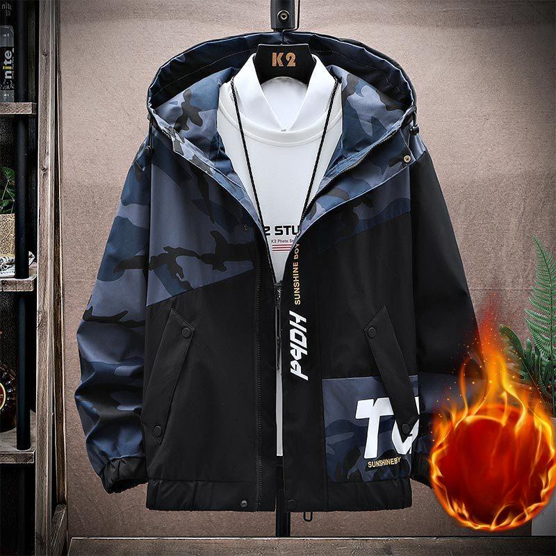 Spring and Autumn Men's Large Size Printed Jackets Youth Hooded Versatile Fat Tops for Men