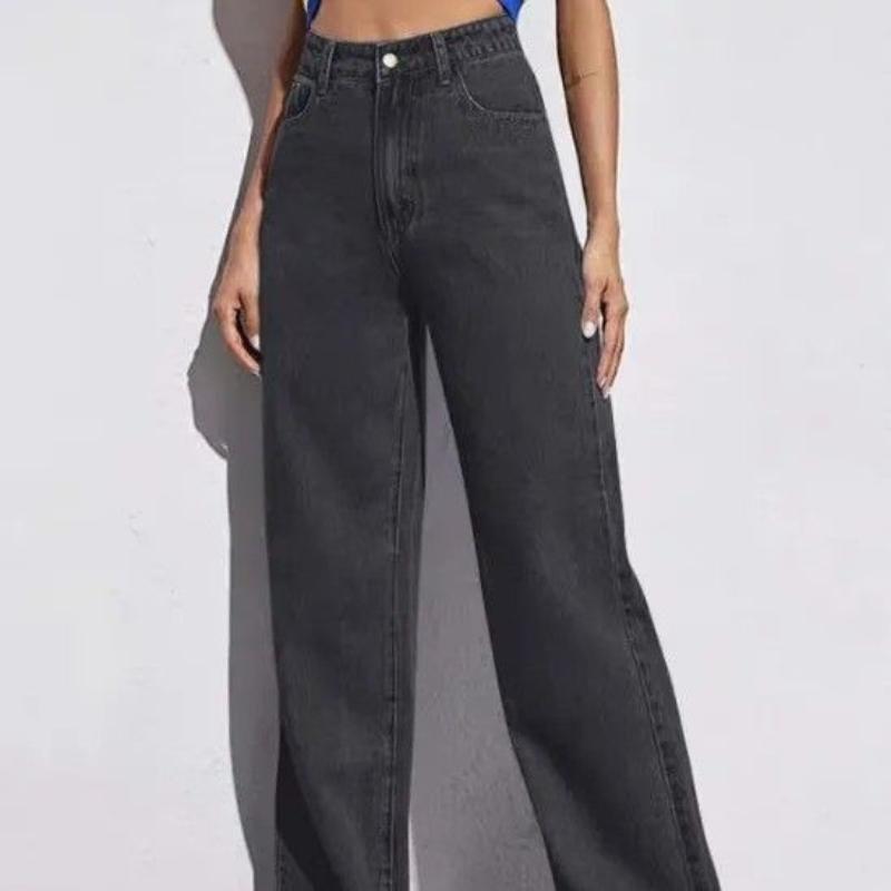 Retro Loose Wide Leg Jeans Fashion Women Solid Straight Wash High Elastic Waist Denim Pants Casual Streetwear Pocket Trousers
