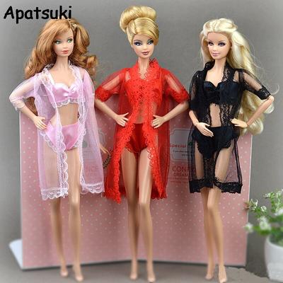 1SET Sexy Pajamas Lingerie Lace Long Coat + Bra + Underwear Clothes For Barbie Doll Clothes Gown Underwear Lace Dresses