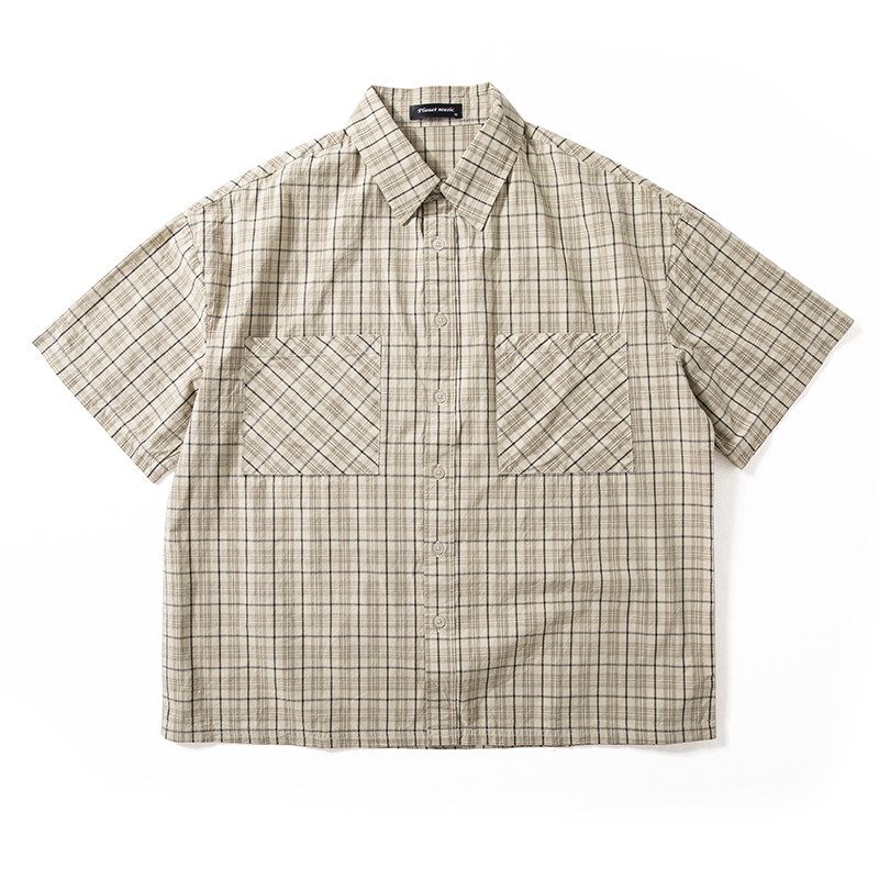 Artistic Plaid Shirt for Men, New Summer Style, Washed Pure Cotton Short-Sleeve, Trendy Brand, Loose Fit, Large Size Casual Shirt