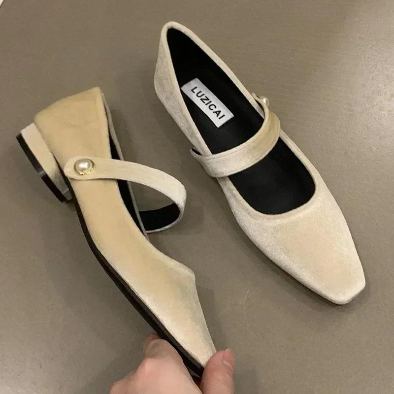 Fashion Suede Flats Loafers Women Marie Janes Spring Shoes 2024 Square Toe Ballet Dance Shoes Fashion Luxury Dress Zapatillas De Mujer