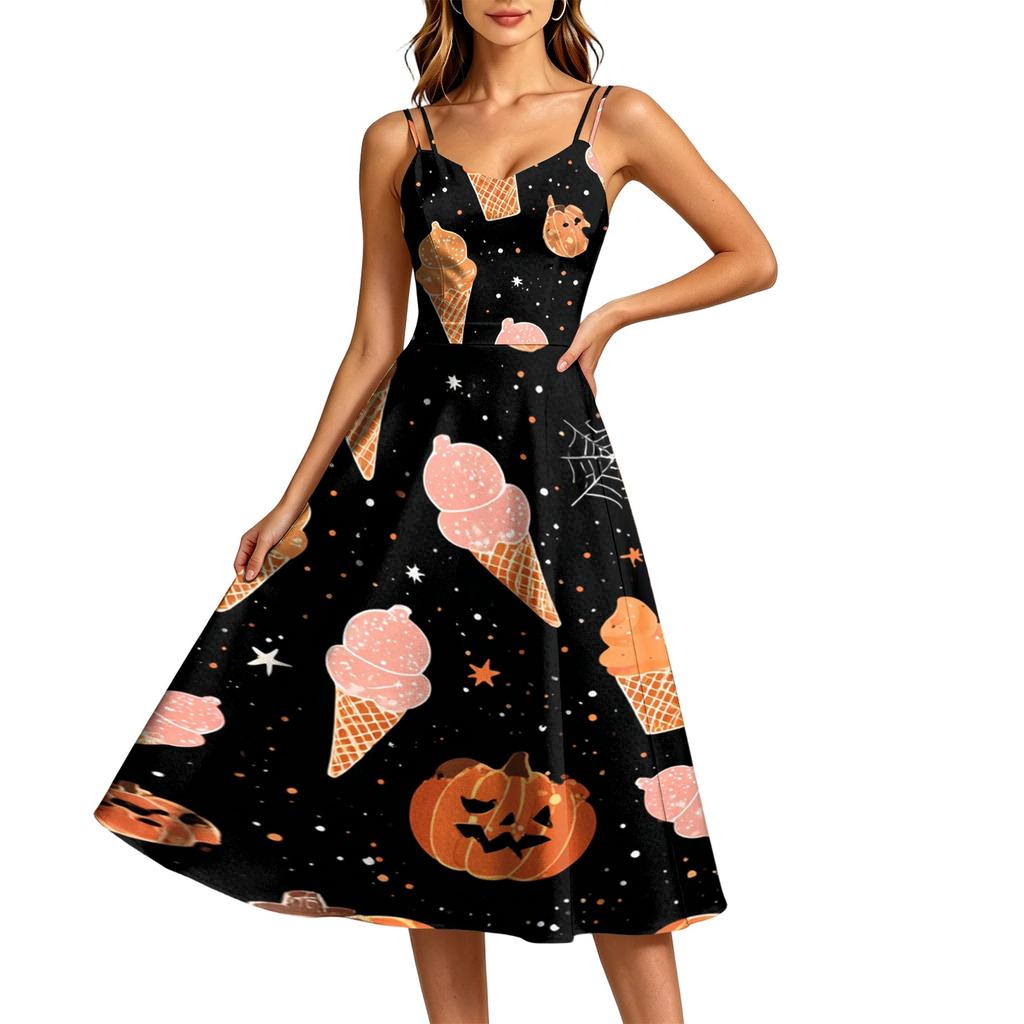 Women's Casual Halloween Print Round Neck Sleeveless Dress for Holiday Party