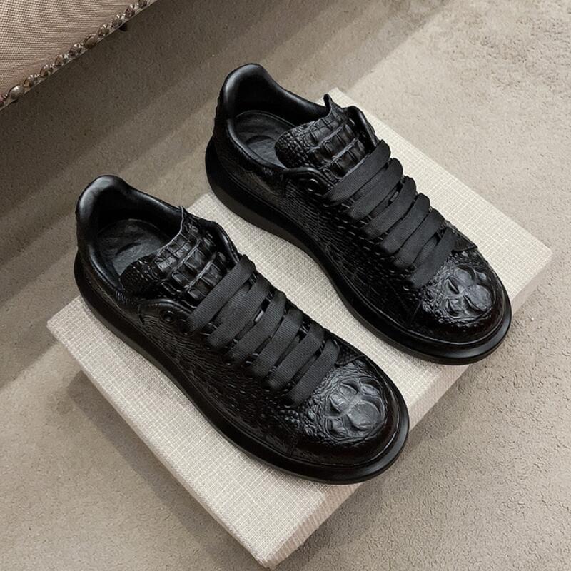 New crocodile print black men's breathable shoes running casual sports shoes natural cowhide Zapatos Hombre
