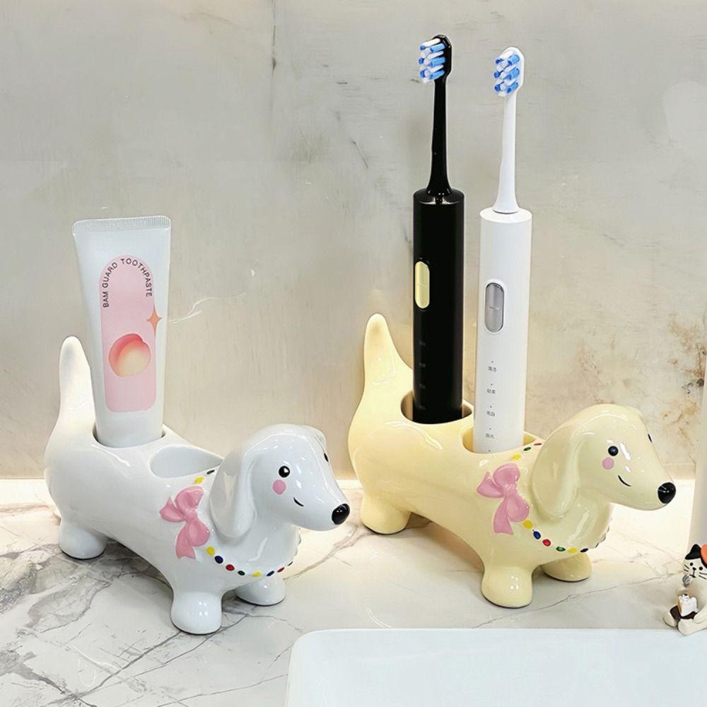 Ceramic Dachshund Toothbrush Holder 2 Slot Cartoon Electric Toothbrush Stand Cute Anti-Slip Base Makeup Brush Storage Shelf