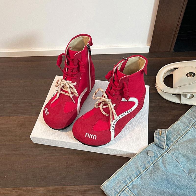 Red German Training Martin Boots Women's Inner Height Increase CM Small High-top Casual Shoes Outdoor Board Shoes Short Boots Women