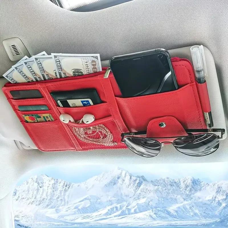 Multi Functional Sun Visor Storage Bag with Phone Holder Sunglass Case and Card Slots Space Saving Car Accessory