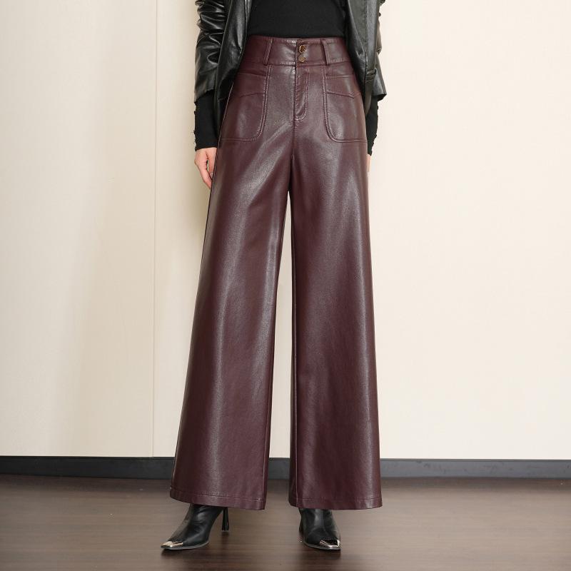 Chic Women's High-Waisted Lambskin Wide-Leg Pants - 2025 Autumn/Winter Slimming Casual Fit