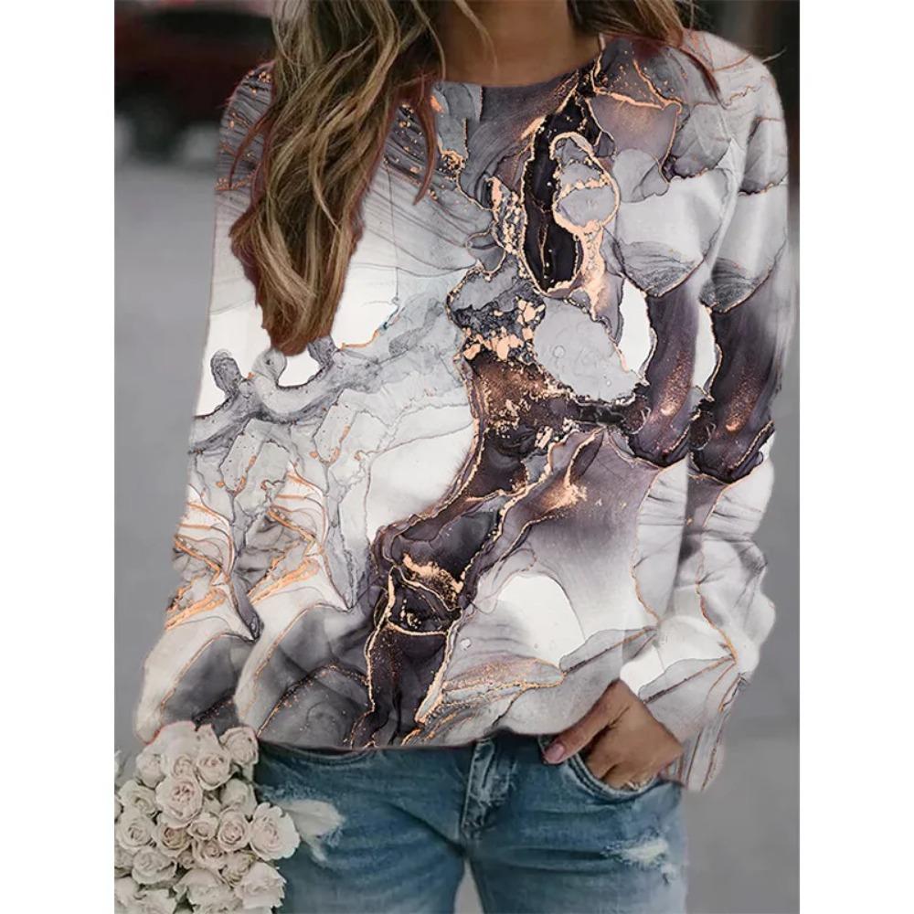 Hot Selling New Marble Texture 3D Printed Women's Casual Round Neck Long Sleeved T-shirt